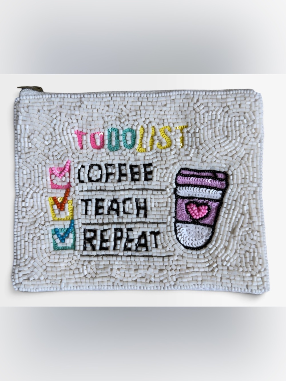 Teacher Beaded Wristlet Clutch - White with Multicolor Accents